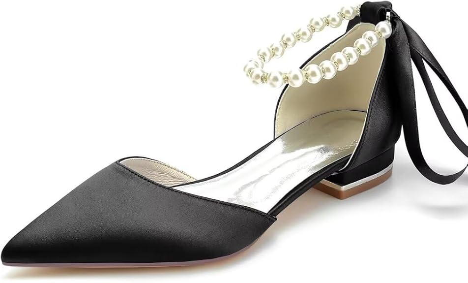 JOEupin Women Pointed Toe Pearl Wedding Flats Satin Flat Bridal Shoes for Bride Prom Evening Bridal Party Dress Flats Size: 10-10.5