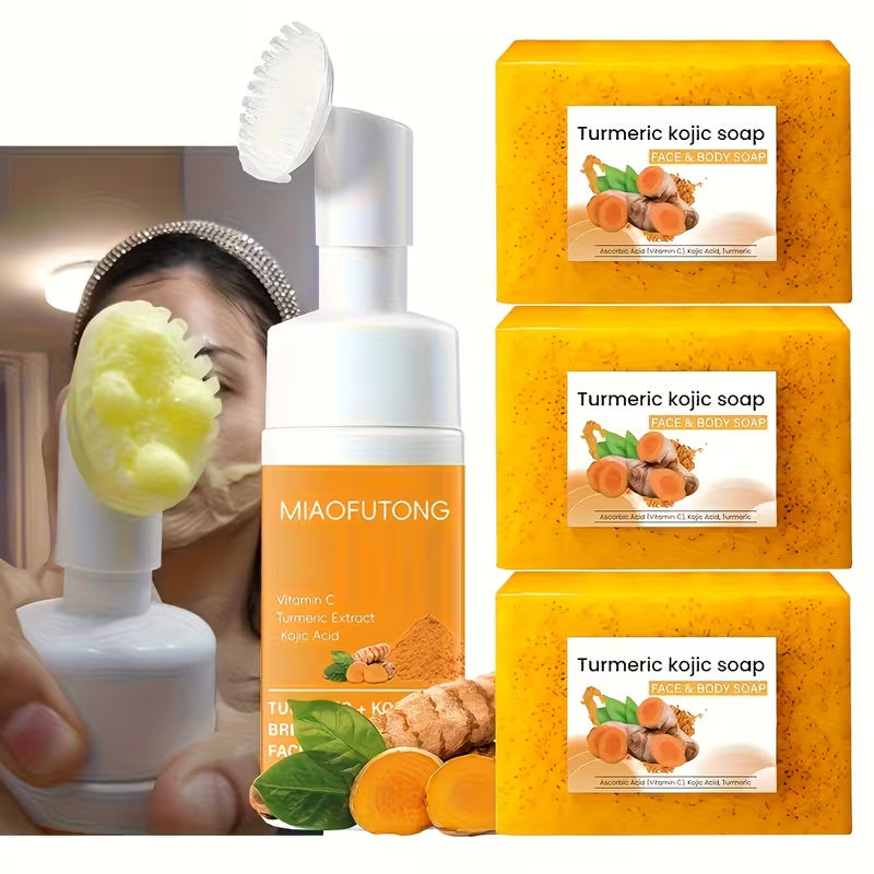 Miaofutong Turmeric Cleaning Kit - 3.38 fl. oz. Cleansing Foam + 3 Soap Bars