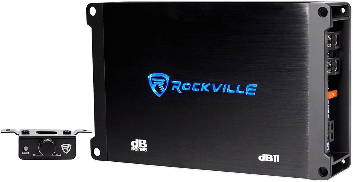 Rockville dB11 1400W Peak/350W RMS Mono 2-Ohm Class-D Car Amplifier, Wired Bass Remote, Compact Size, Low THD, for Powerful Car Audio