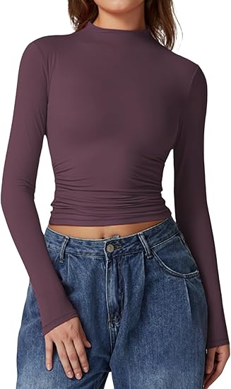 (XS) QINSEN Womens Mock Neck Long Sleeve Shirt (PLUM WINE) Double Lined Basic Tees Side Ruched Going Out Crop Tops