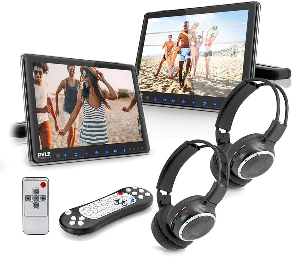 Pyle Universal Car Dual Headrest Monitor - 9.4 Inch Vehicle Multimedia CD DVD Player with Wireless Headphones