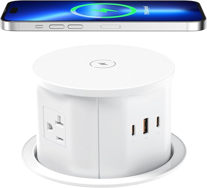 ANNQUAN 20 Amp Pop Up Countertop Outlet with 15W Wireless Charger,Max 65W Power Delivery,4.75" Pop Up Electrical Outlet with 3 Outlets 3 USB Ports for Home Office