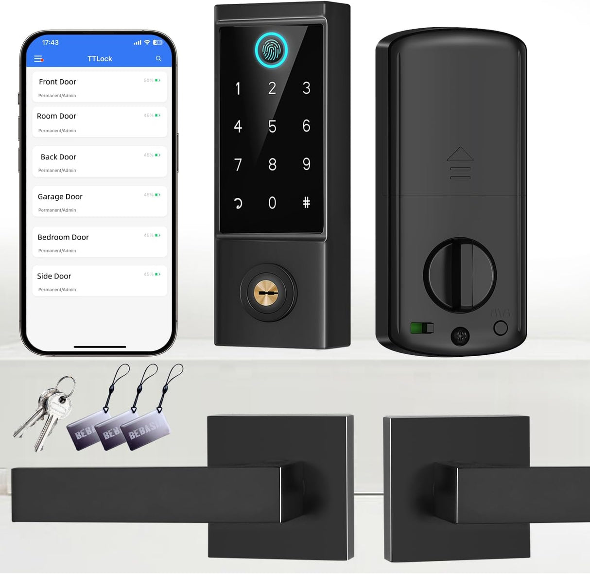 BEBASIA APP Control Fingerprint Lock with Handle, Heavy Duty Smart Keyless Entry Front Door Lock Set, Keypad Deadbolt with Lever Handles, Smart Locks for Front Door, Anti-Peeping Password Black