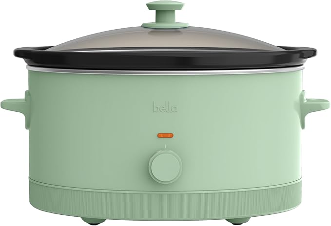 bella 6.0 Qt Manual Slow Cooker, Ceramic Nonstick Coating, 3 Temperature Settings, Dishwasher Safe Stoneware Pot and Tempered Glass Lid, Cool Touch Handles & Tangle Free Cord Wrap, Seaglass