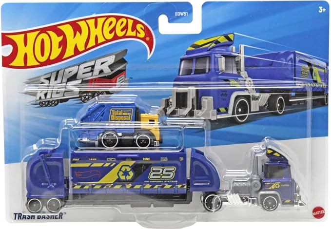 Hot Wheels Toy Car & Truck, Super Rigs 1:64 Scale Race Car & Matching Semi Truck Transporter