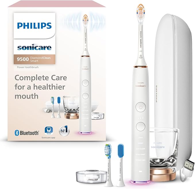 Philips Sonicare DiamondClean Smart 9500 Electric Toothbrush, Sonic Toothbrush with App, Pressure Sensor, Brush Head Detection, 5 Brushing Modes and 3 Intensity Levels, Rosegold, Model HX9923/61