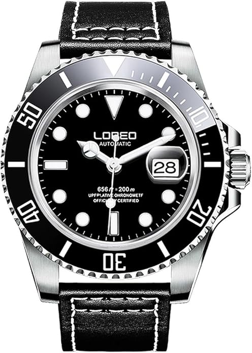 LOREO Mens Silver Stainless Steel Sapphire Glass Black Rotating Bezel Men's Automatic Watch