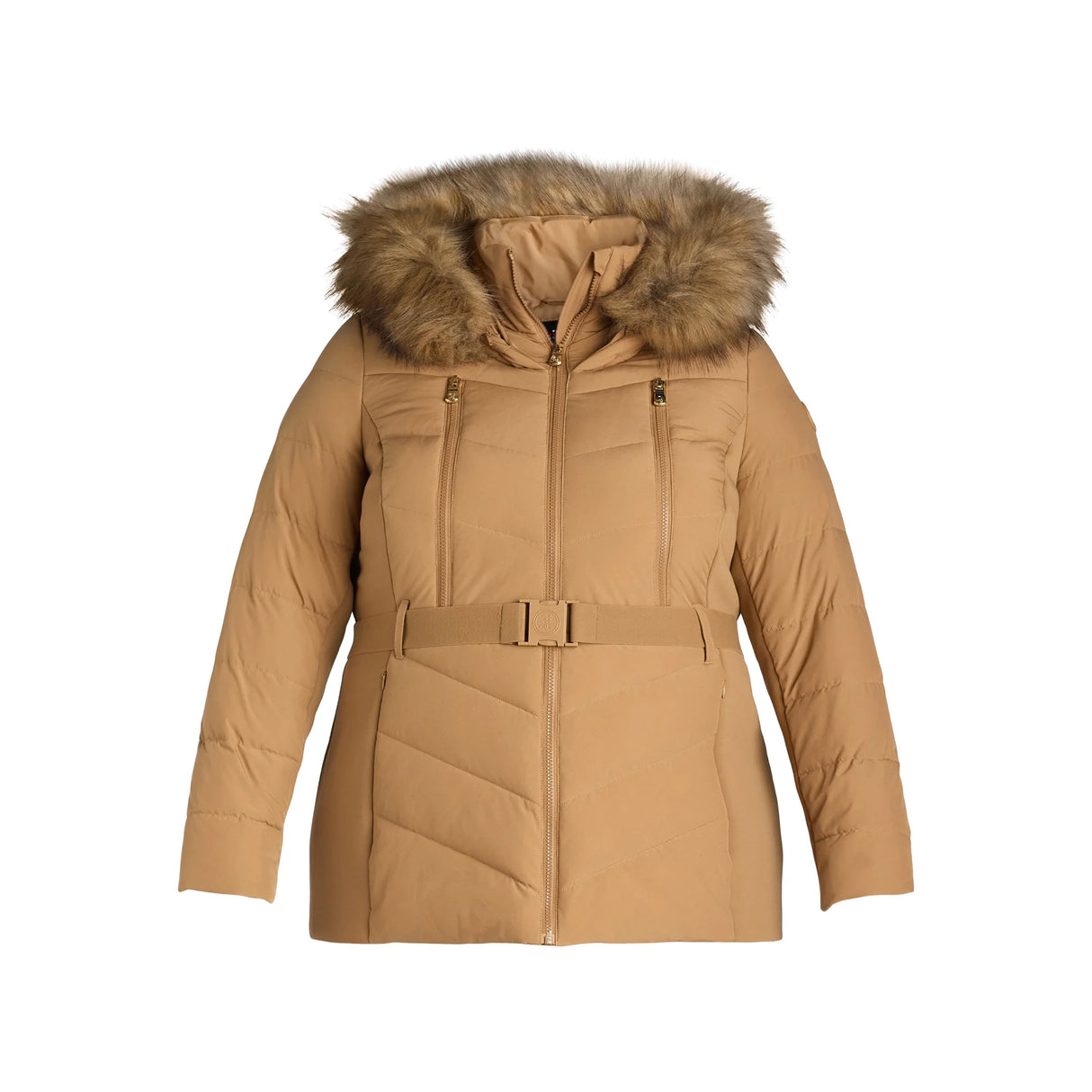 F.O.G. Women's Plus Belted Puffer with Faux Fur Hood Size: 1X