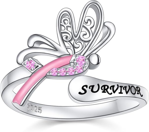 925 Sterling Silver Breast Cancer Awareness Ring, Butterfly Pink Ribbon Rings with CZ Size 9