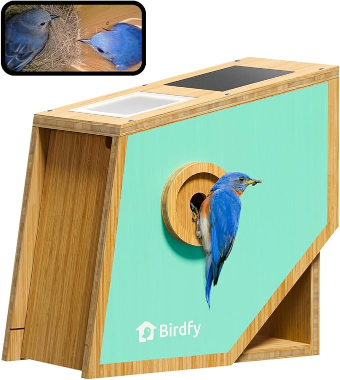 Smart Bird Houses for Outside, Solar Powered, 1080P FHD Live Stream Bird House with Camera, Wild Bird Nesting and Hatching, Blue Bird House with Camera Inside, Ideal Gift (Blue/Wooden)