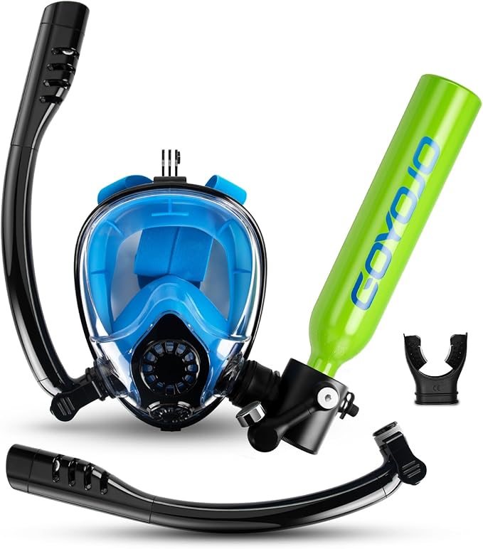 GOYOJO Scuba Tank and Snorkel Mask Combo, 0.5L Green Portable Mini Diving Oxygen Cylinder with 5-10 Mins of Underwater Breathing, Full-face Diving Mask, Underwater Breath System