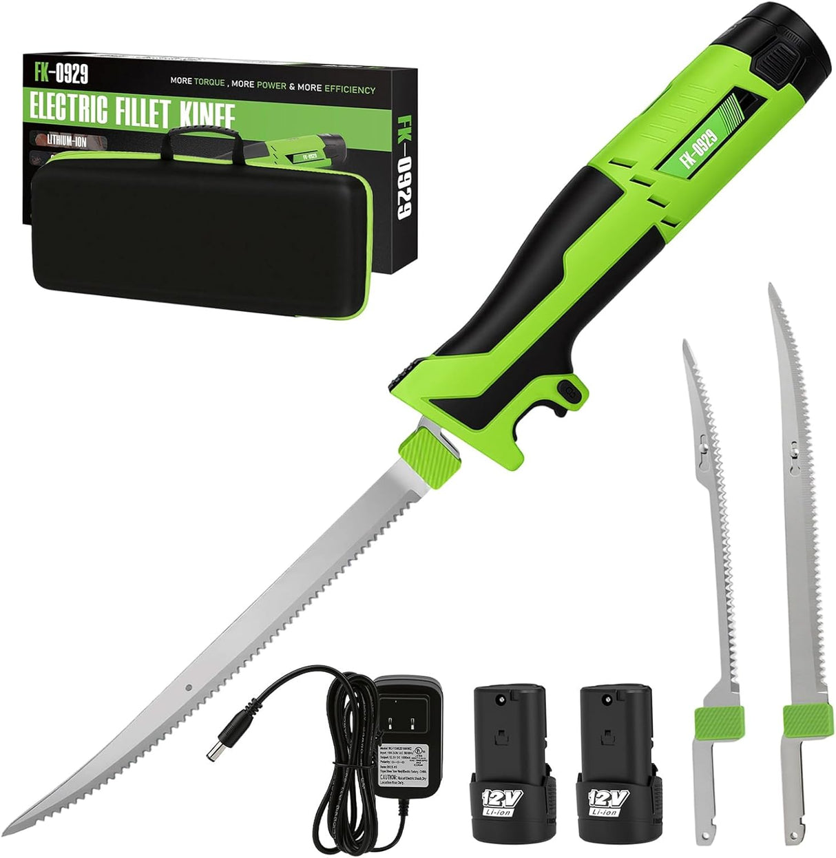 MCY 12V Cordless Electric Fillet Knife , 8''& 10''Razor-Sharp Blades, 2 Rechargeable Battery - Green