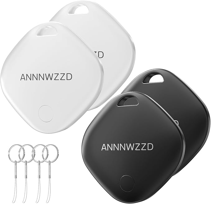 ANNNWZZD Tags 4 Pack Air Tracker Item Finders with Apple Find My (iOS Only) Track Your Keys, Wallet, Luggage, Backpack, Super Lightweight, Comes with 4 Beautiful Keyrings