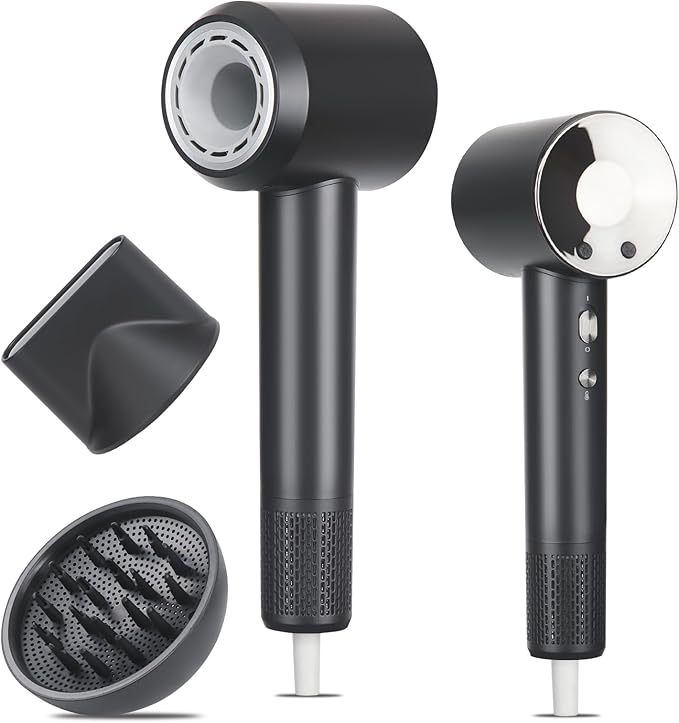 Hair Dryer, High-Speed Ionic Low Noise Blow Dryer with Brushless Motor for Fast Drying, Thermo-Control Quiet Compact Black Hair Blow Dryers with Magnetic Diffuser for Curly Hair for Home Travel Salon