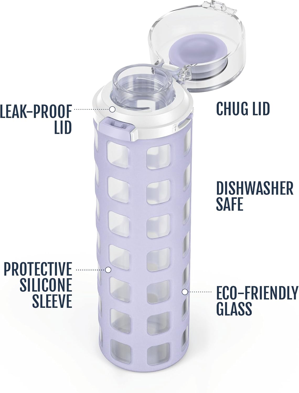 Ello Syndicate 20oz Reusable Glass Water Bottle with One-Touch Leak Proof Flip Lid and Protective Non-Slip Silicone Sleeve