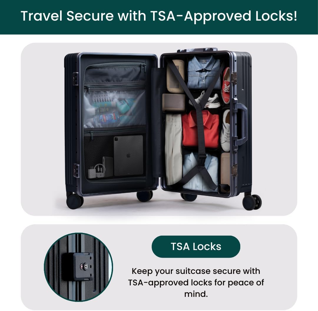 NOBL Travel Carry On Luggage, Noble Zipperless Aluminum Frame PC Hard Shell Suitcase, 20.8"x15"x8.7" Airline Approved, 360° Spinner Wheels, TSA Locks, USB Charging Port, Cup & Phone Holder - Jet Black