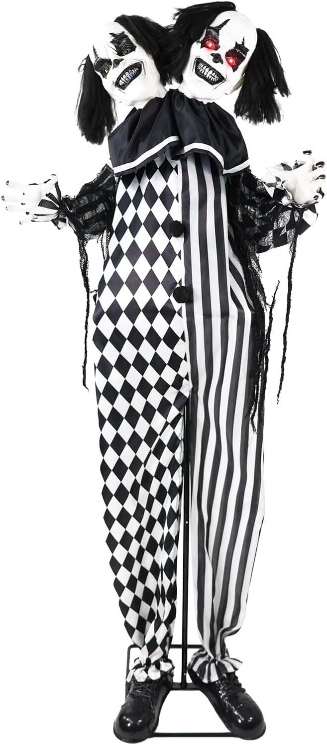Haunted Hill Farm Lifesize 5.5-Ft Animatronic Scary Talking Two-Headed Clown with Touch Activated Lights and Sound, Battery-Operated Indoor or Covered Outdoor Halloween Decoration