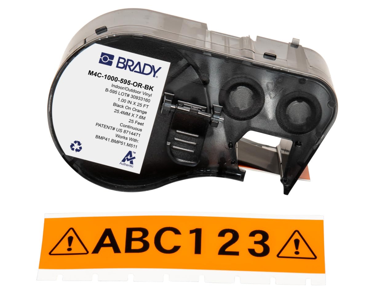 Brady Authentic (M4C-1000-595-OR-BK) All-Weather Vinyl Labels 1 in W x 25ft