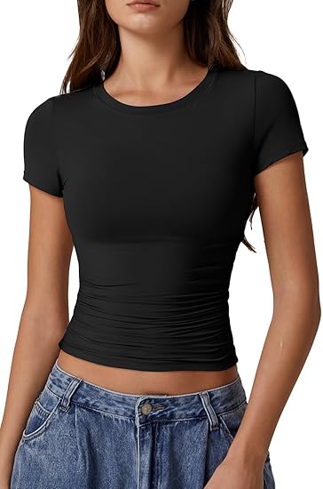 QINSEN Short Sleeve Shirts for Women Round Neck Basic Double Lined Tees Fitted Y2k Crop Tops SIZE SMALL