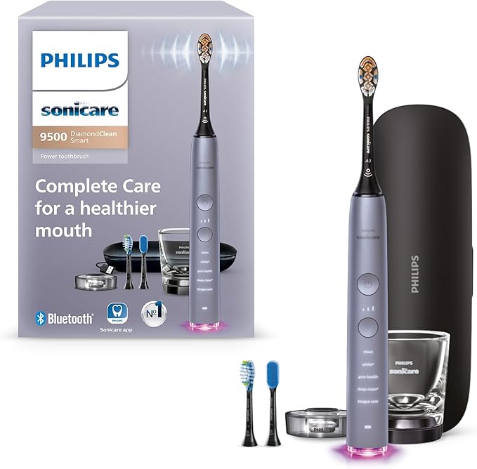 Philips Sonicare DiamondClean Smart 9500 Electric Toothbrush, Sonic Toothbrush with App, Pressure Sensor, Brush Head Detection, 5 Brushing Modes and 3 Intensity Levels, Grey, Model HX9923/41