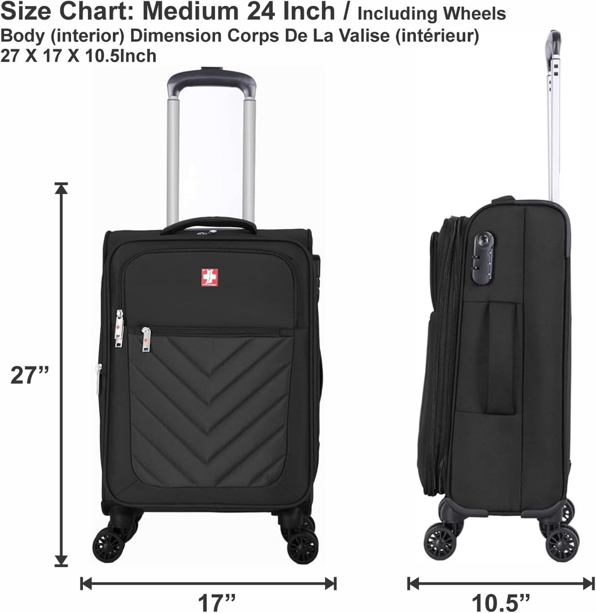 Swiss Traveller Spinner Luggage Suitcase - Soft Side Luggages - Black - 24in