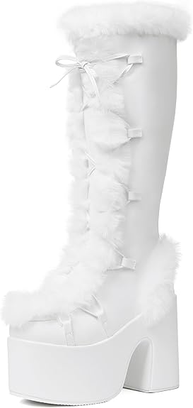 Fur Boots For Women Furry Knee High Fuzzy Fluffy Platform Chunky Heel Warm Winter Snow Rave Punk Goth Boots