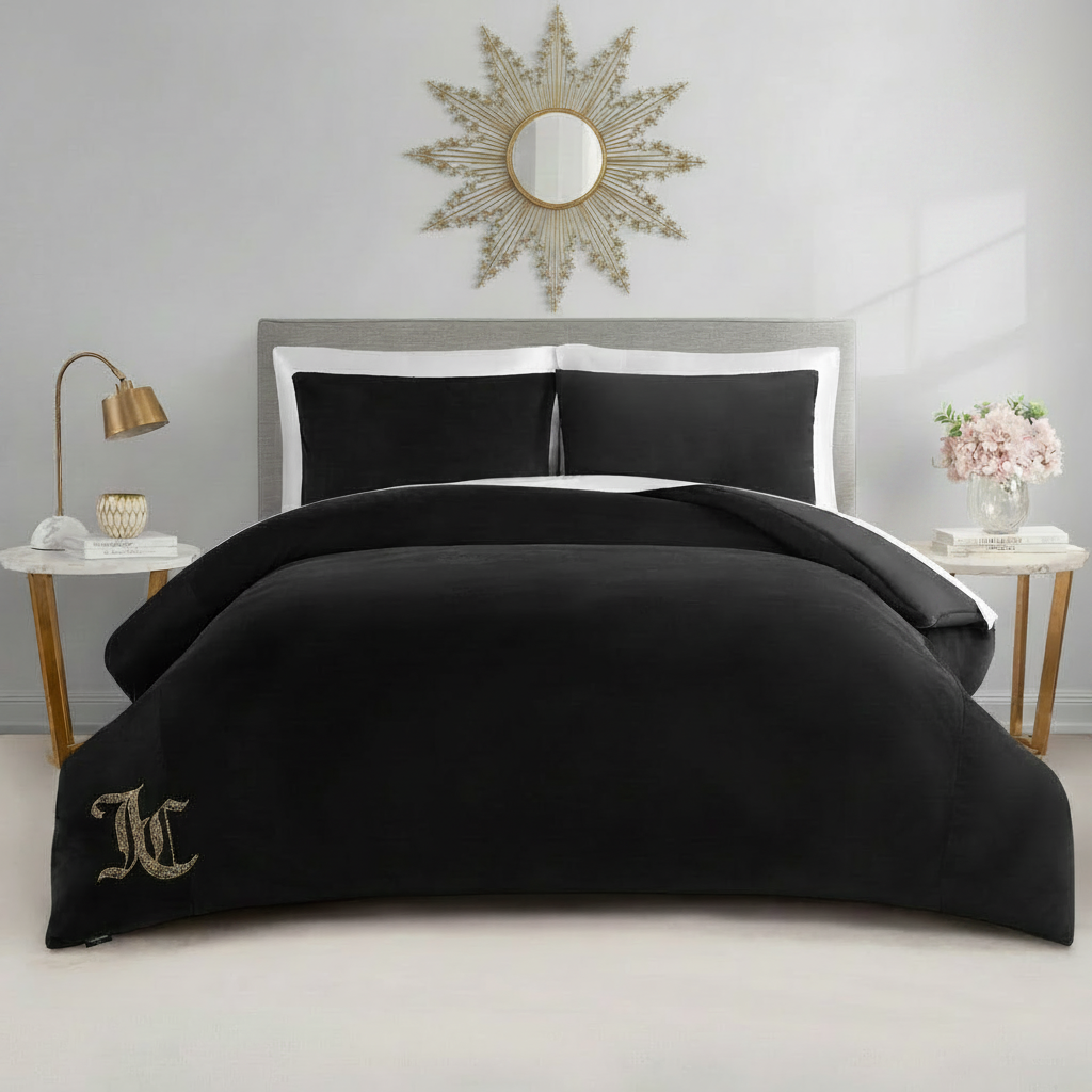 JUICY COUTURE Solid Velour 3pc Comforter Set - Black - Full/QUEEN