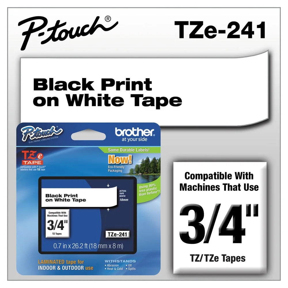 Brother Genuine P-Touch TZE-241 Tape, 3/4" Standard Laminated Tape, Black on White, 1 Pack