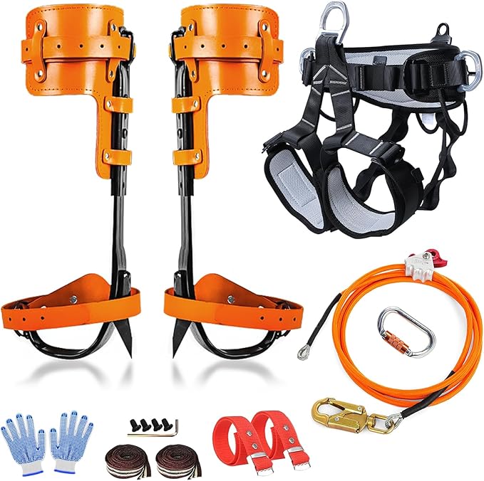 Tree Climbing Gear,Tree Climbing Spikes, Tree Climbing Gear with Adjustable Climbing Straps and Steel Core Flip Line, Rock Climbing Kit with Triple Lock Lanyard Adjuster