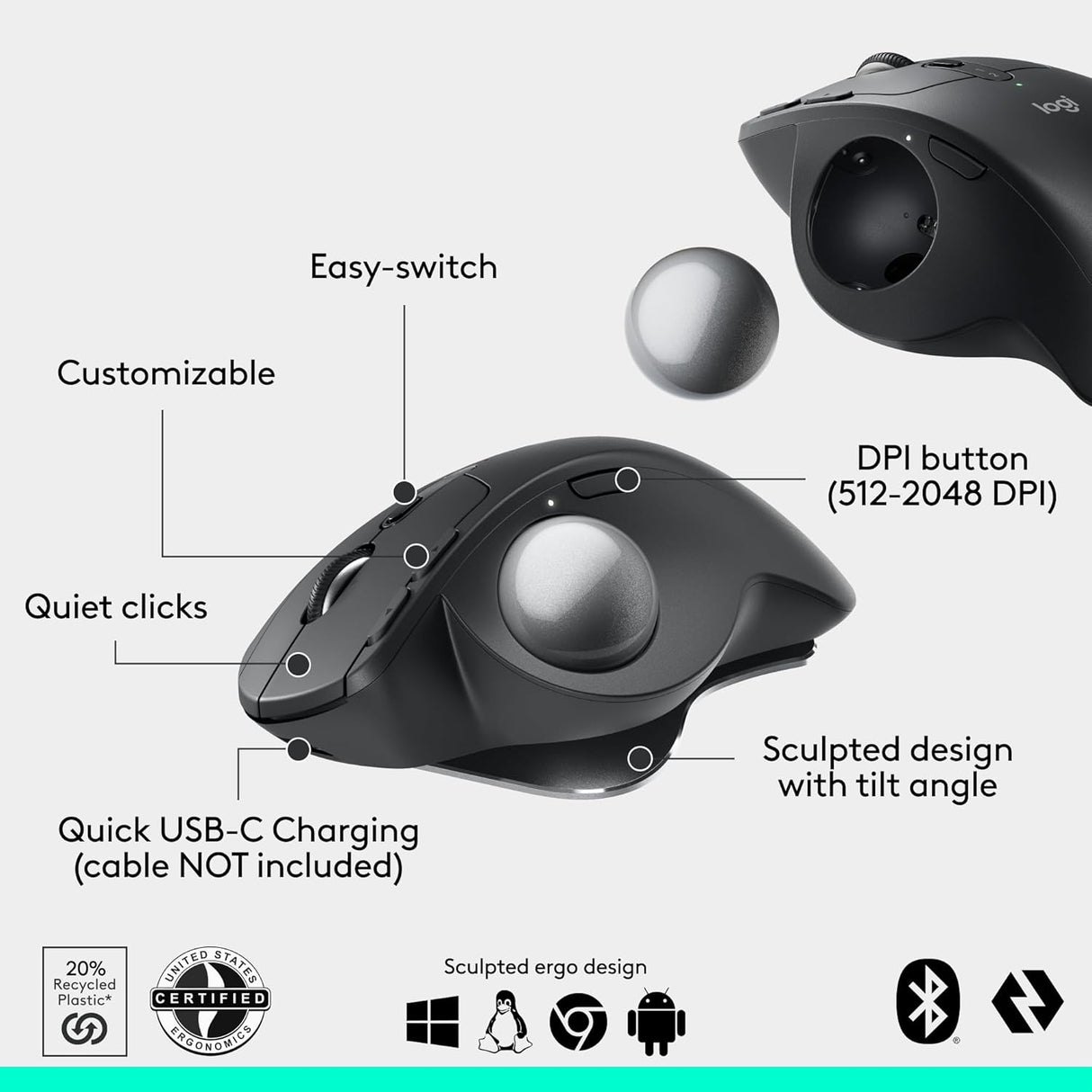Logitech MX Ergo S Advanced Wireless Trackball Mouse - Graphite