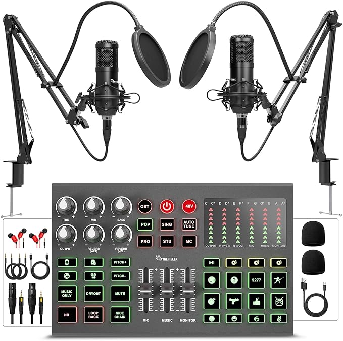 Podcast Equipment Bundle for 2,Audio Interface DJ Mixer with Podcast Microphone,Voice change,48V for Podcast, Streaming, TikTok, Youtube, PC, Smartphone (V1)