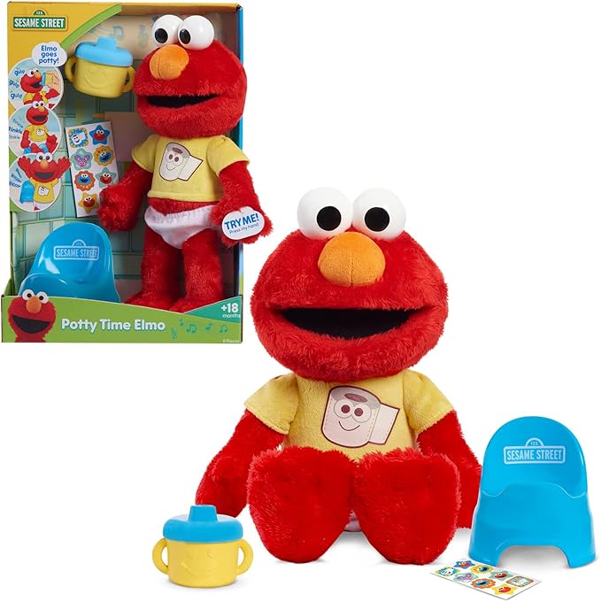 (DAMAGED BOX) Just Play Sesame Street Potty Time Elmo 12-Inch Sustainable Plush Stuffed Animal, Sounds and Phrases, Potty Training Tool, Kids Toys for Ages 18 Month