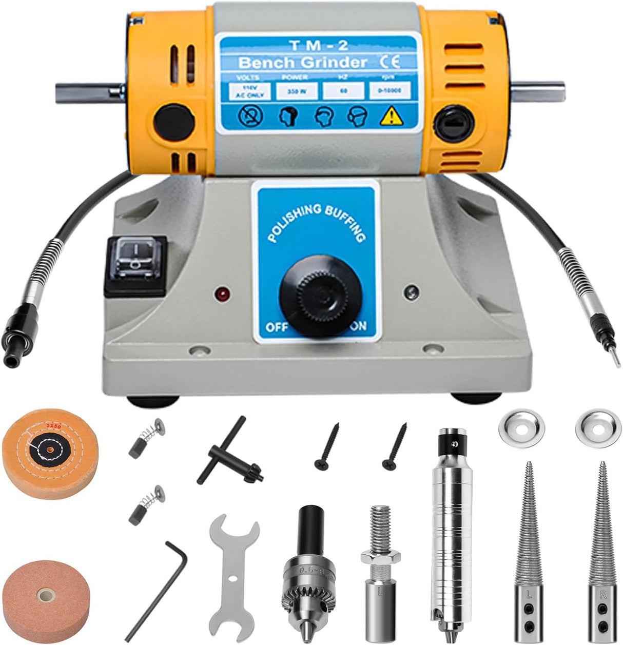 TM-2 Versatile Jewelry Polisher, Adjustable Speed Bench Buffer Grinder Polishing Buffing Machine with Accessory for Jewelry Metal Wood Dental Rock Jade DIY, 350W 110V