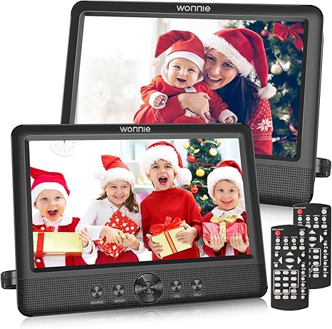 WONNIE 10.5" Two Car DVD Players Portable Dual Screen Headrest Video Player, Play a Same or Two Different Movies with 5-Hour Rechargeable Battery,2 AC Adapters,2 Mounting Brackets,Support USB/SD Card