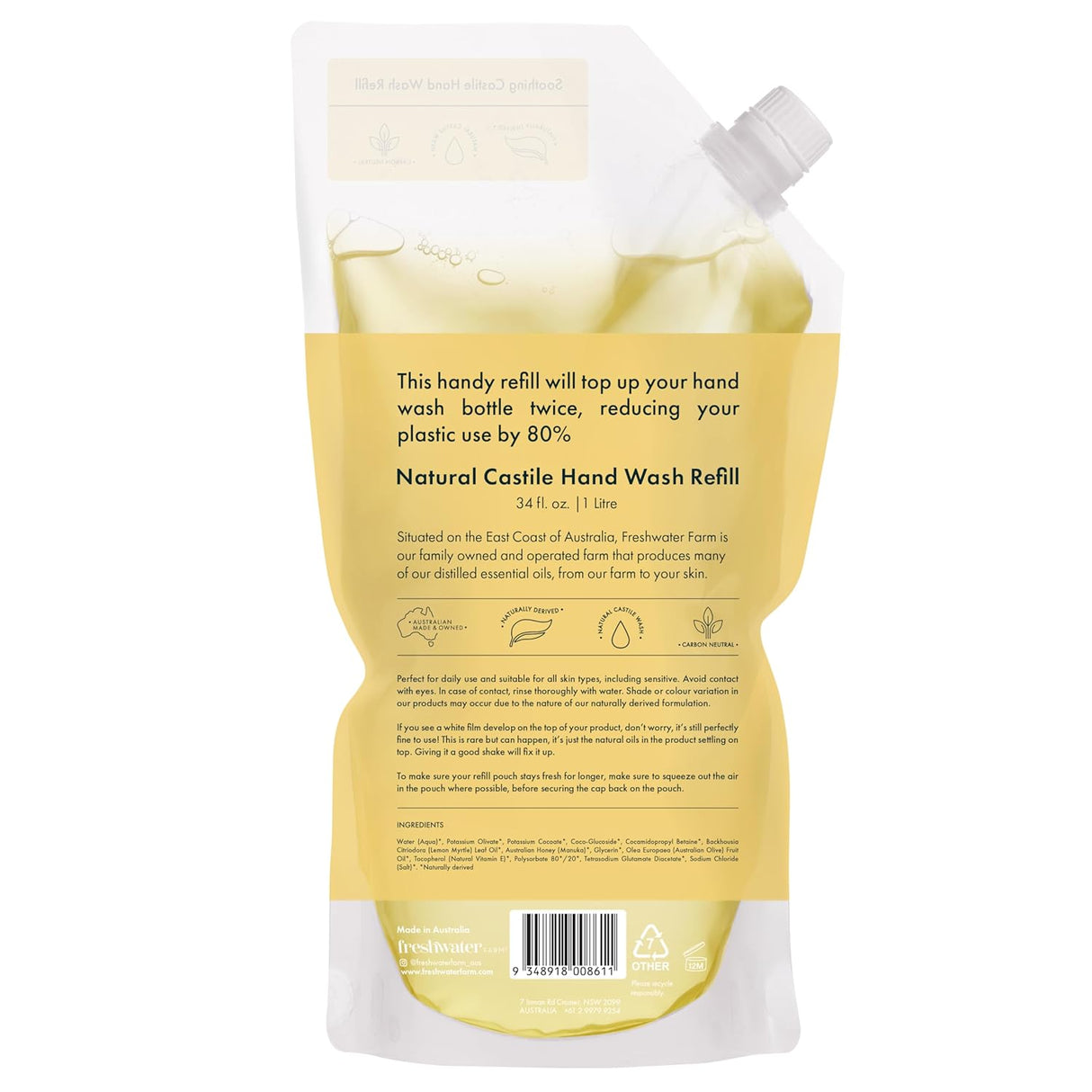 FRESHWATER FARM AUSTRALIA | Lemon Myrtle Oil and Manuka Honey Soothing Castile Hand Wash REFILL Pouch | 34 fl oz