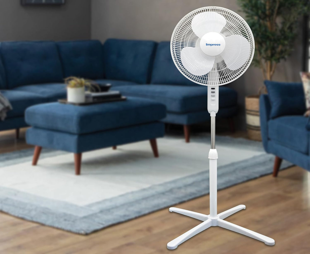 Impress 16-Inch Oscillating Stand Fan, 3-Speeds, Adjustable Height, Tilting Head, Whisper Quiet Operation, 1-Year Warranty (White)