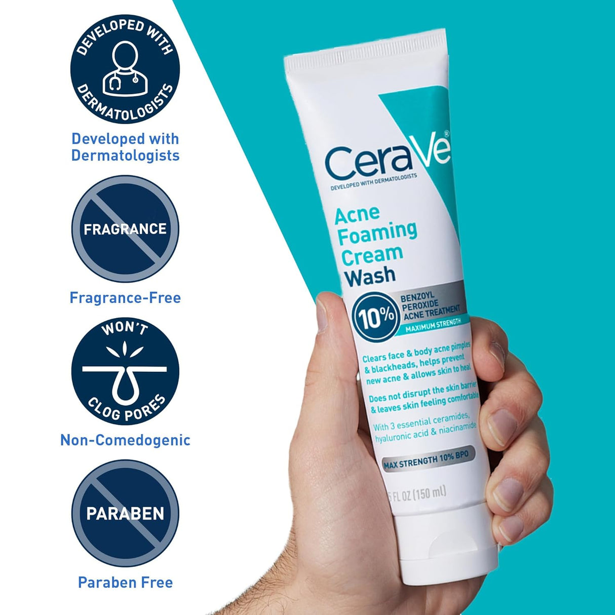 CeraVe Acne Foaming Cream Wash 10% Benzoyl Peroxide Treatment 5 Oz