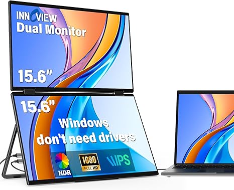 InnoView 2025 15.6" FHD Dual Portable Monitor | All-in-One Foldable & Stackable Design | 315° Screen Adjustment & 180° Stand | USB-C/HDMI Travel Monitor for Laptop, Mac, Windows