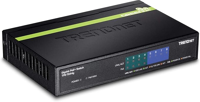 TRENDnet 8-Port Gigabit PoE+ Switch, TPE-TG80G, 8 x Gigabit PoE+ Ports, 123W PoE Power Budget, 16 Gbps, Ethernet Splitter, NDAA & TAA Compliant, Metal, Lifetime Protection, Black