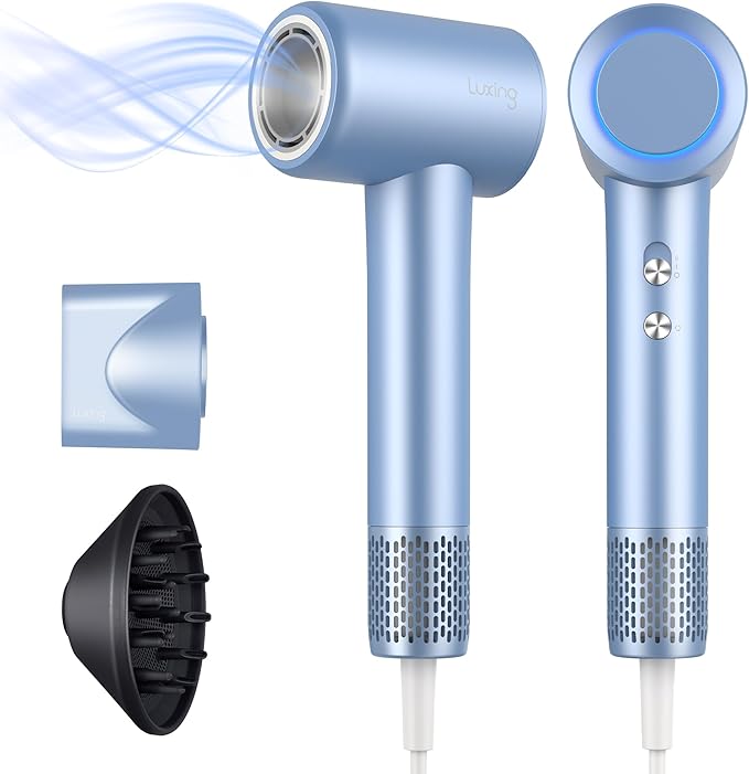 Hair Dryer, TurboLux 200 Million Negative Ionic 1500W High-Speed Blow Dryer for Fast Drying with Diffusers, Lightweight, Low-Noise Hair Dryer for Women with 110000 RPM Brushless Motor (Steel Blue)