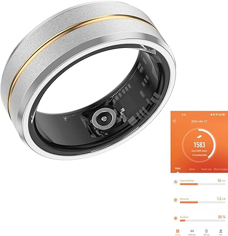 Fitness Tracker Smart Ring, Step Counter for Walking, Heart Rate Blood Oxygen Calorie Sleep Tracker Health Ring, IP68 Waterproof Design, Stainless Steel, 5-7 Days Battery Life, Silver + Middle Gold Size 8
