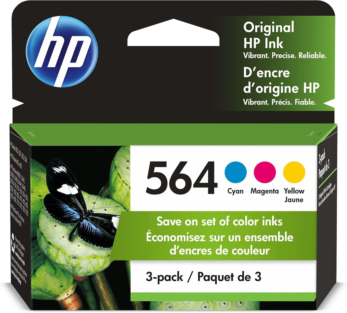 HP 564 Cyan, Magenta, Yellow Ink Cartridges (3-pack) | Works with Printer Series: DeskJet 3500; OfficeJet 4620; PhotoSmart B8550, C6300, D5400, D7560, 5500, 6510, 6520, 7500, Plus | N9H57FN