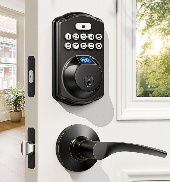 Brandy Nicole's Veise Fingerprint Door Lock with 2 Lever Handles - Keyless Entry Door Lock, Electronic Keypad Deadbolt, Digital Smart Code & Front Handle Sets, Auto-Locking, Easy Installation, Matte Black