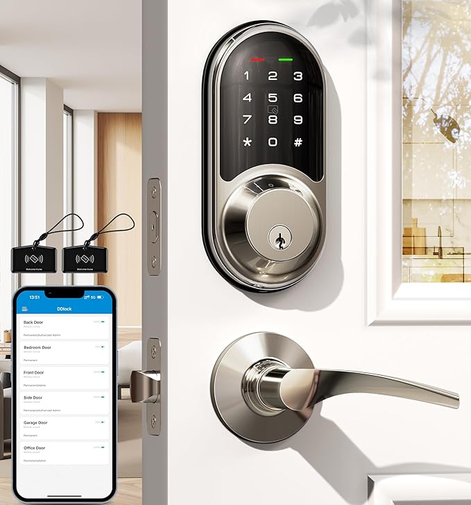Brandy Nicole's Veise RZ06B Smart Lock for Front Door, 2 Lever Handle Set, Keyless Entry Deadbolt, App Control, Electronic Digital Touchscreen Keypad, Auto Lock, IP54 Waterproof, Easy Installation, Satin Nickel