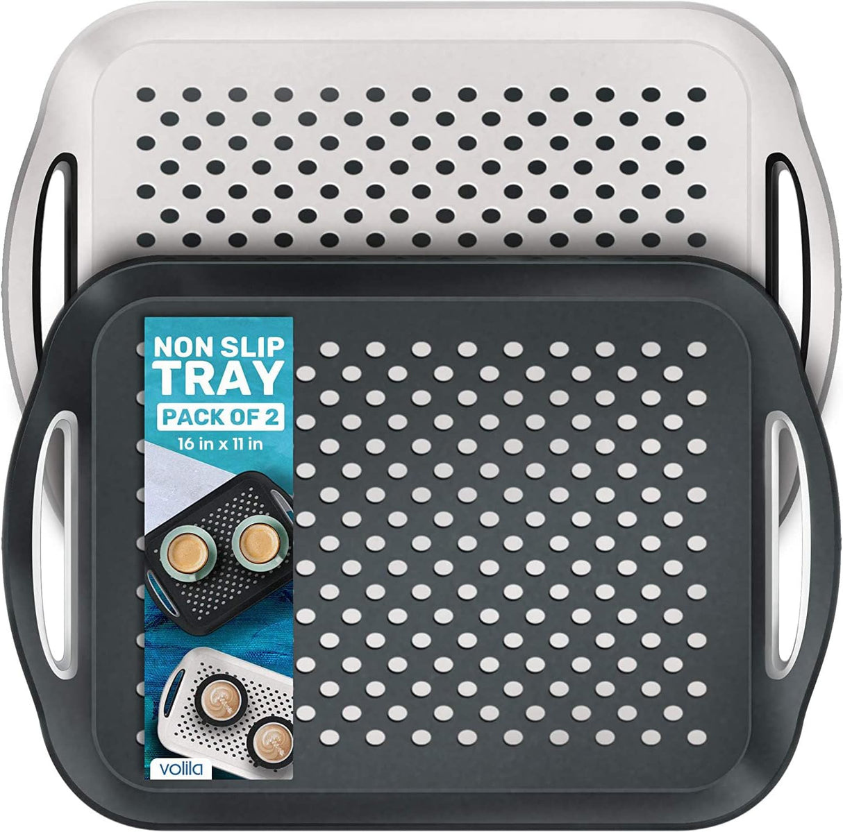 Food Trays for Eating on Couch - 2 Pack - Non Slip Dinner Trays for Eating Set of 2 Non Slip Serving Tray and Food Tray with Handles (Black & White)