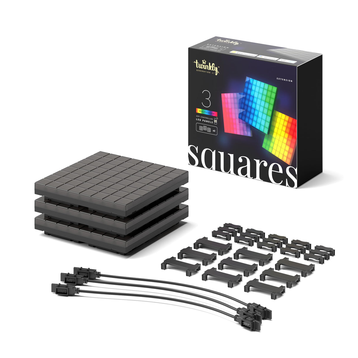 Twinkly Squares Extension Kit, RGB LED Panels Kit, Including 3 Extension Panels and Connection Cables, Compatible with HomeKit, Alexa and Google Home, Gaming Lights and Streaming, 16M+ Colors