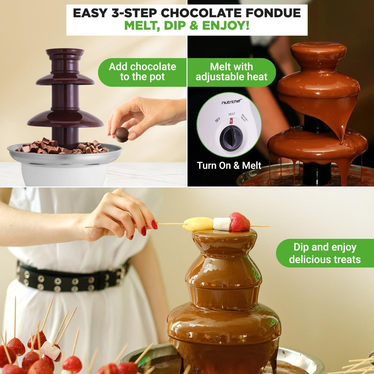 Nutrichef 3 Tier Chocolate Fondue Fountain - Electric Stainless Chocolate Dipping Warmer Machine