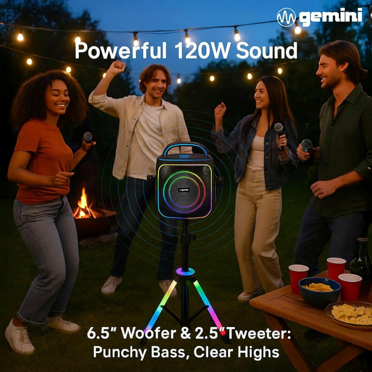 GEMINI Wireless Karaoke Speaker System with 2 Mics & RGB LED Tripod Stand - Model GPK-200PK