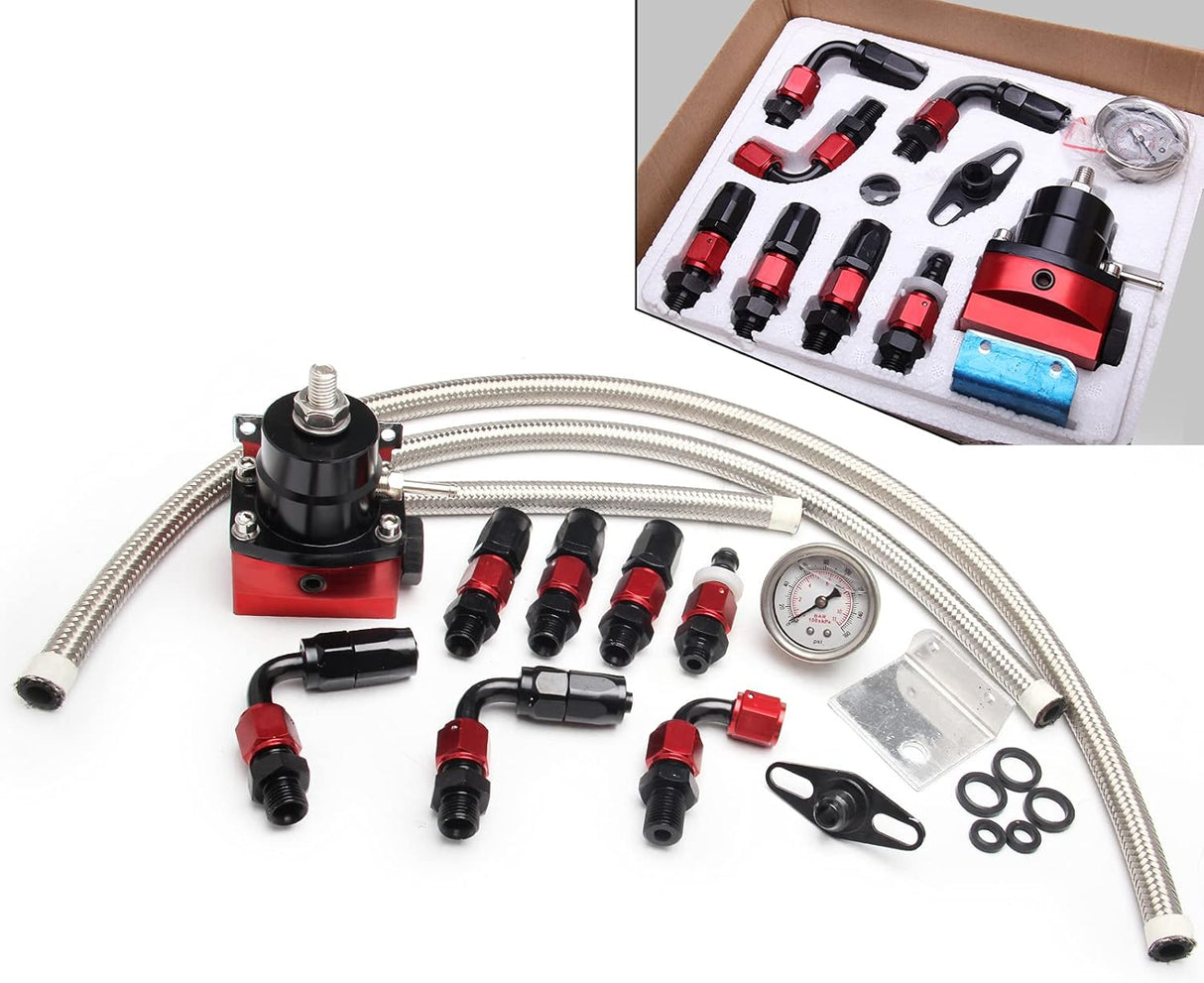 EFI Fuel Pressure Regulator Kit with 0-100psi Pressure Gauge AN6-6AN Aluminum Adjustable Universal Fuel Line Hose Fitting Connectors Kit Black&Red HTRACING