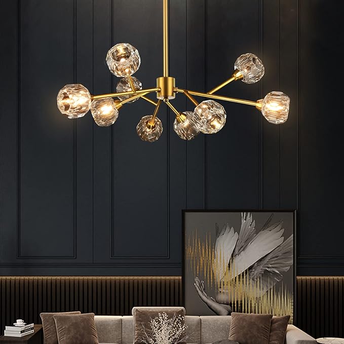 Weesalife Sputnik Chandeliers for Dining Room Light Fixture Over Table, Modern Crystal Chandeliers, 9 Lights Gold Lighting Fixtures for Living Room Bedroom Kitchen Island